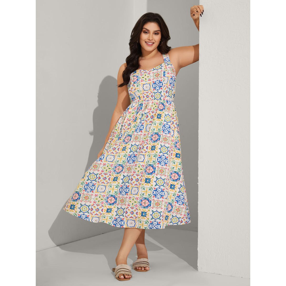 Plus Size Floral Collage Pockets Cami Midi Dress Multicolor Women Heart neckline Sleeveless Curvy BloomChic 12/L Product Image