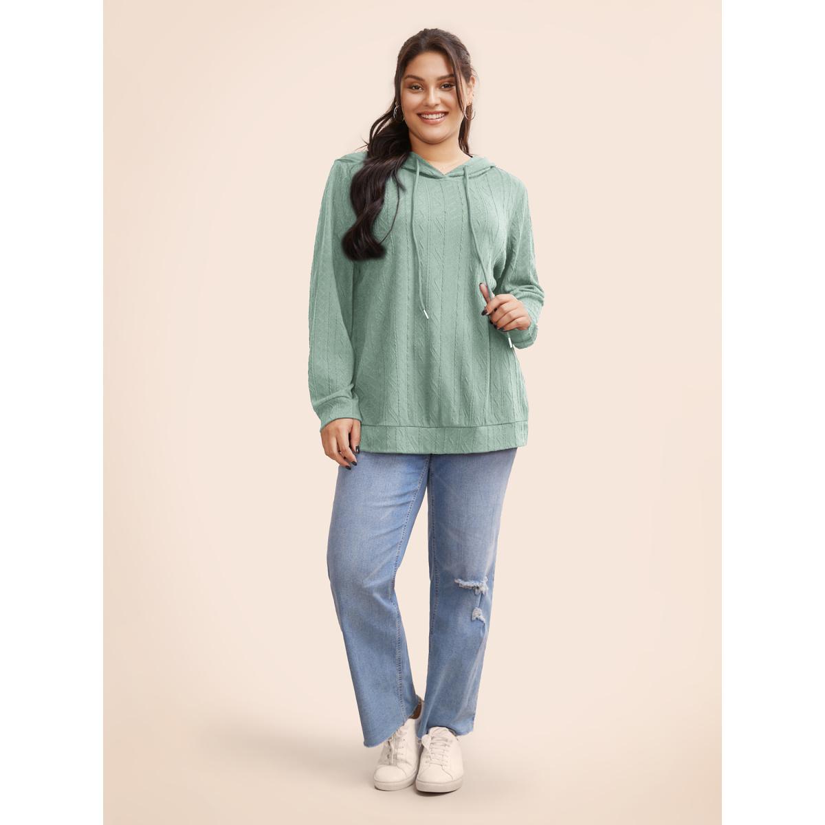 Plus Size Plain Textured Hooded Drawstring Sweatshirt Women Turquoise Casual Elastic cuffs Hooded Everyday Sweatshirts BloomChic 22-24/3X Product Image