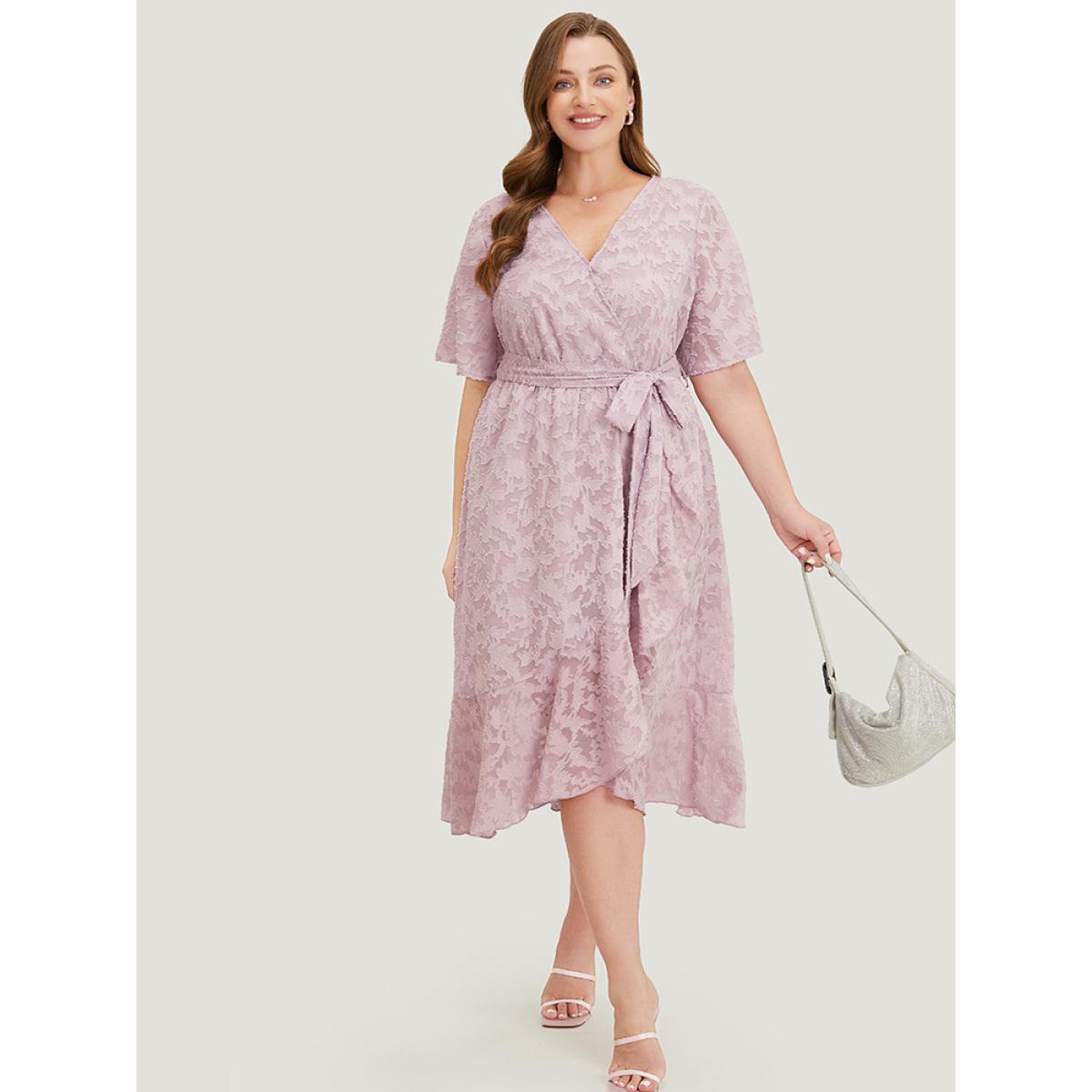 Plus Size Plain Floral Pocket Belted Mesh Ruffle Trim Wrap Midi Dress Lilac Women Glamour Lined V-neck Short sleeve Curvy Midi Dress BloomChic 30/6X Product Image