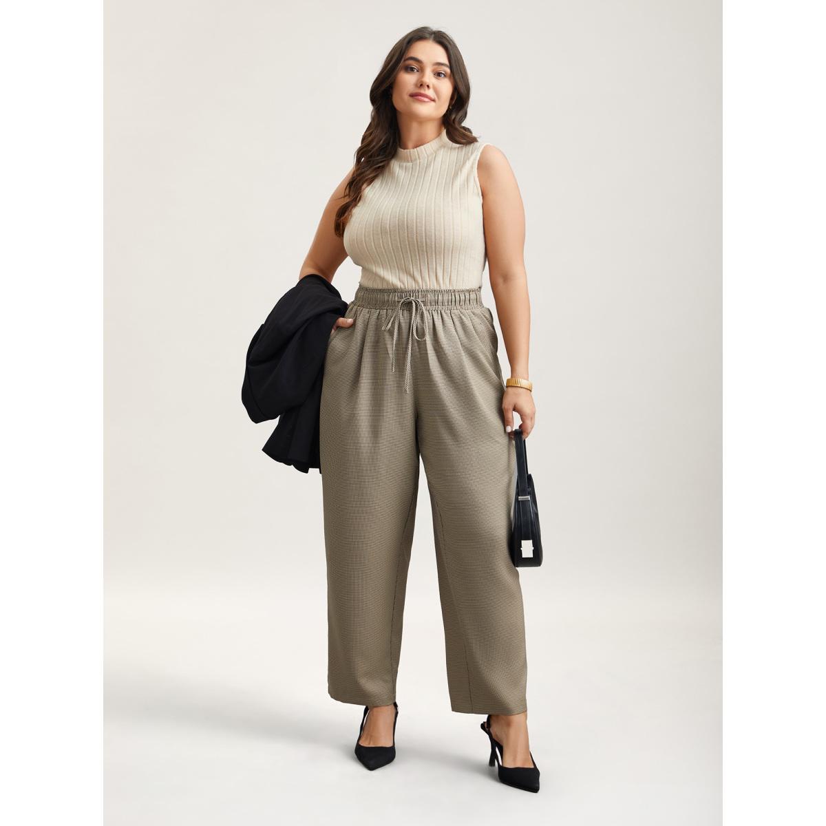 Plus Size Houndstooth Print Drawstring Waist Pants Women LightBrown Work From Home Straight Leg Mid Rise Work Pants BloomChic 12/L Product Image