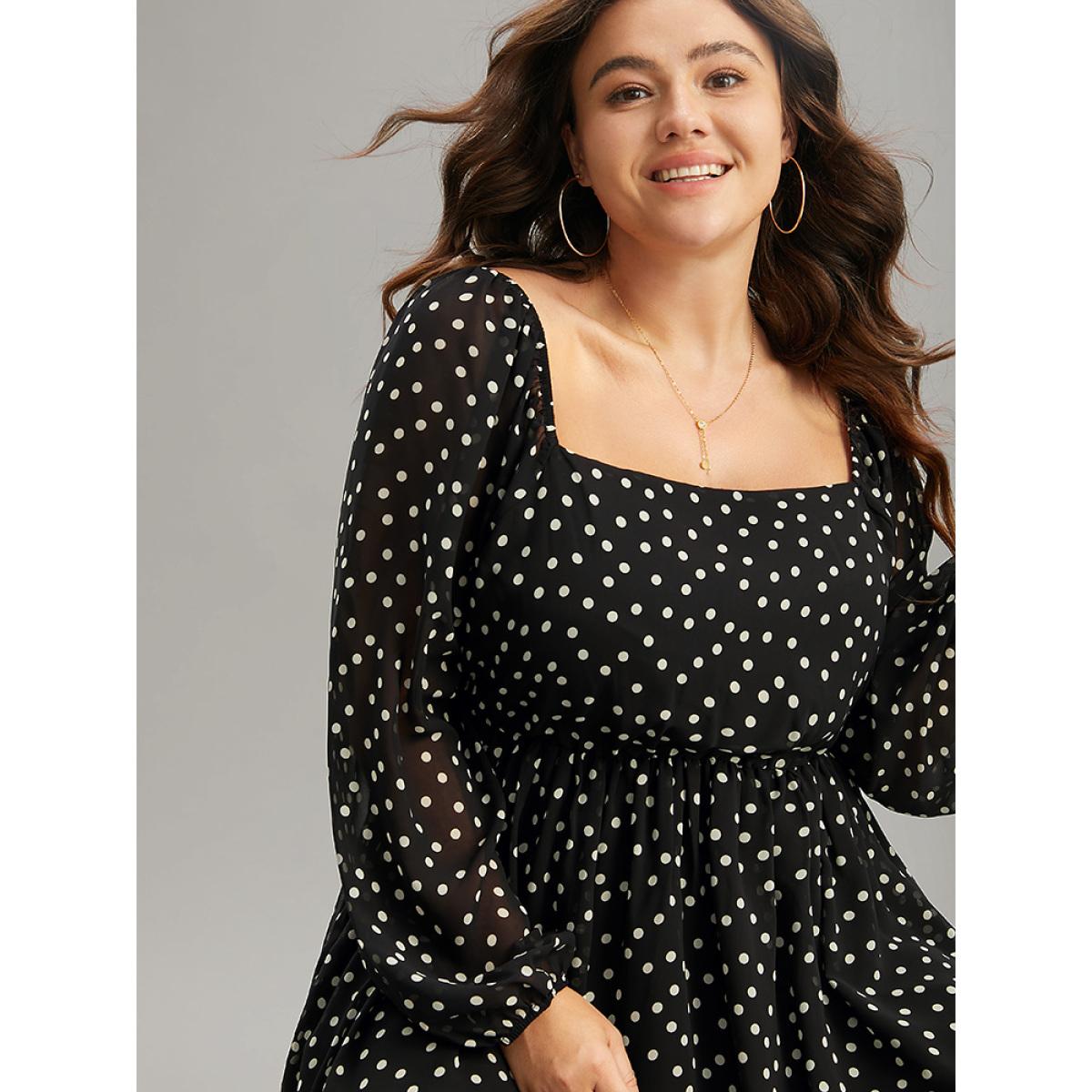 Plus Size Polka Dot Square Neck Gathered Lantern Sleeve Dress Black Women Casual Elastic cuffs Square Neck Long Sleeve Curvy Midi Dress BloomChic 12/L Product Image