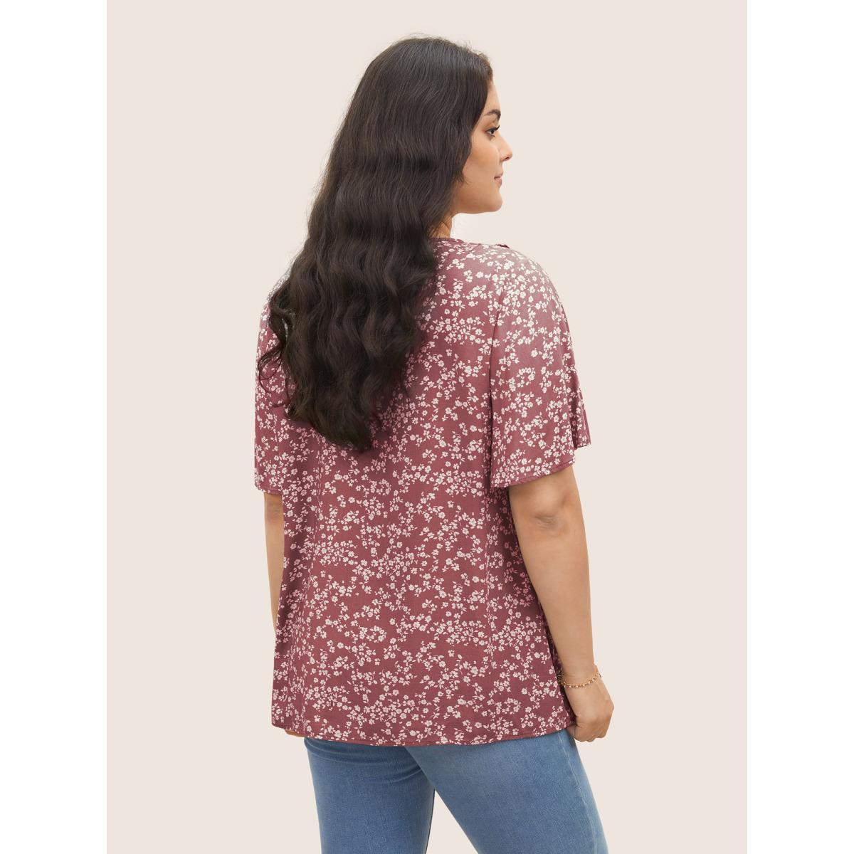 Plus Size Beanpastepowder Rayon Ditsy Floral Pleated Patchwork Ruffles Blouse Women Elegant Short sleeve V-neck Everyday Blouses BloomChic 30/6X Product Image