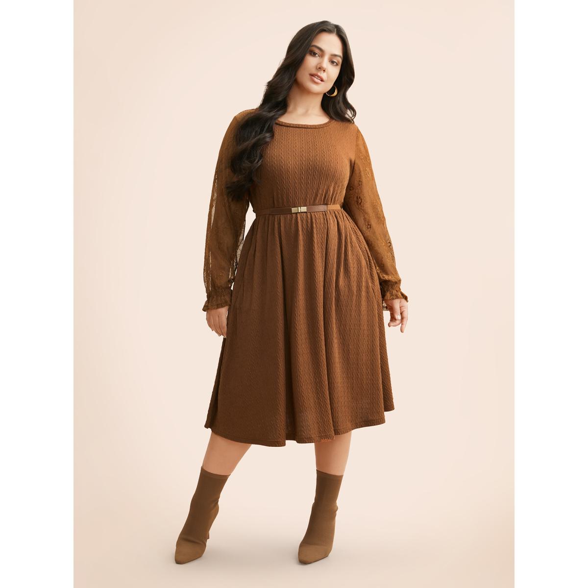 Plus Size Textured Mesh Patchwork Ruffles Dress Yellowishbrown Women Timeless Woven ribbon&lace trim Round Neck Extra Long Sleeve Curvy BloomChic 12/L Product Image