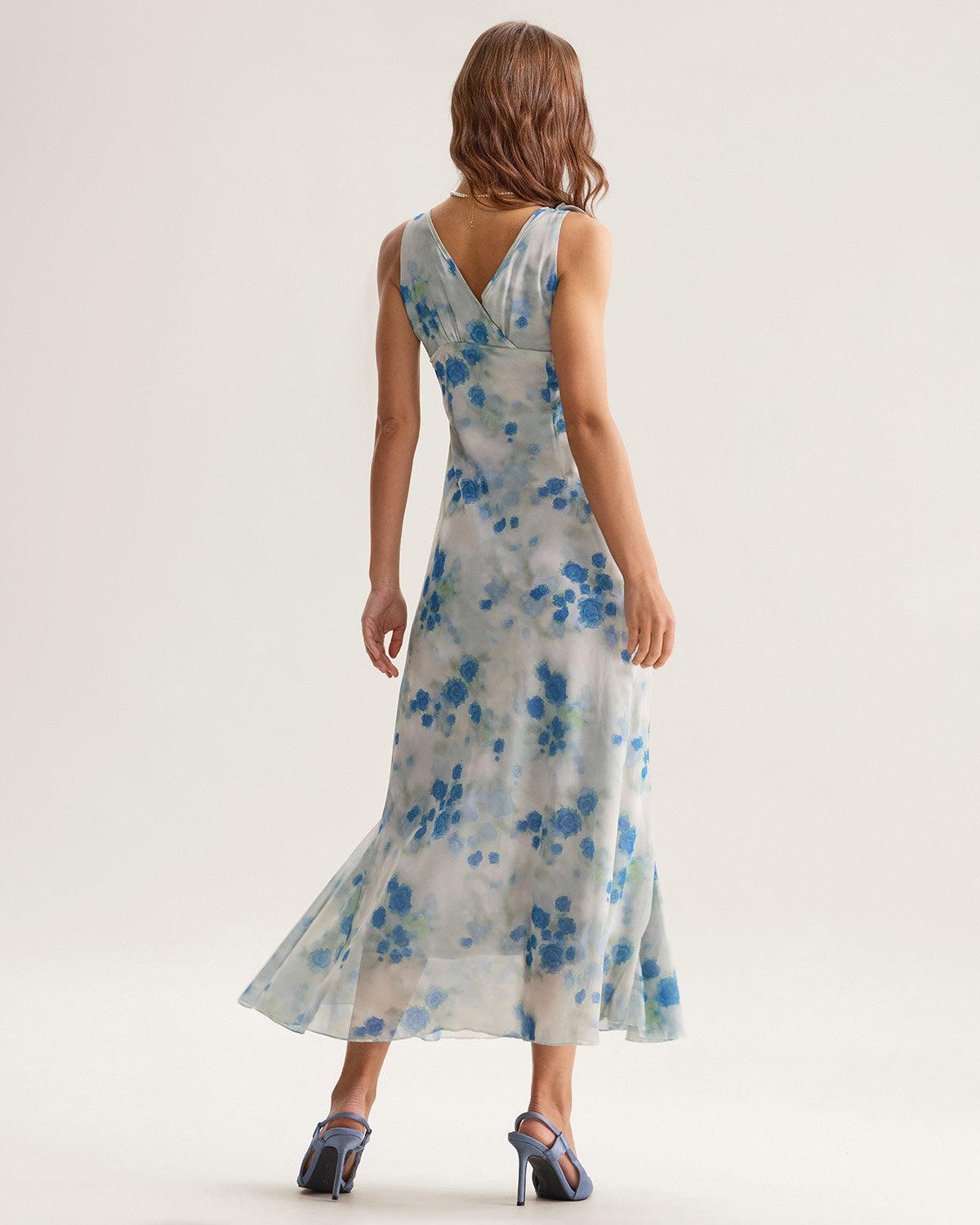 Blue Floral Ruffle V Neck Sleeveless Midi Dress Product Image