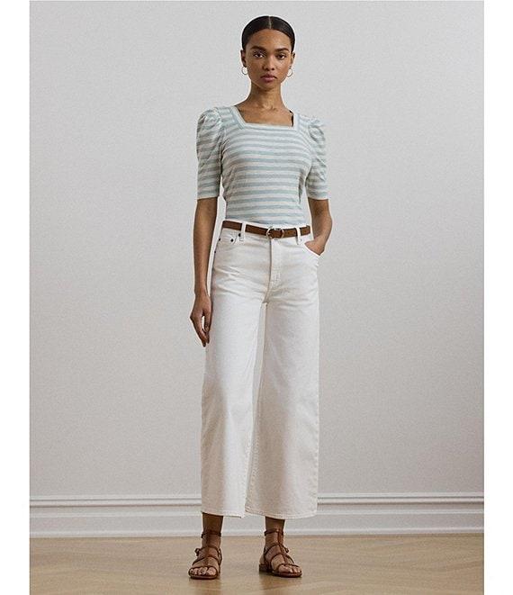 Lauren Ralph Lauren Cotton Jersey Striped Square Neck Short Puff Sleeve Top Product Image