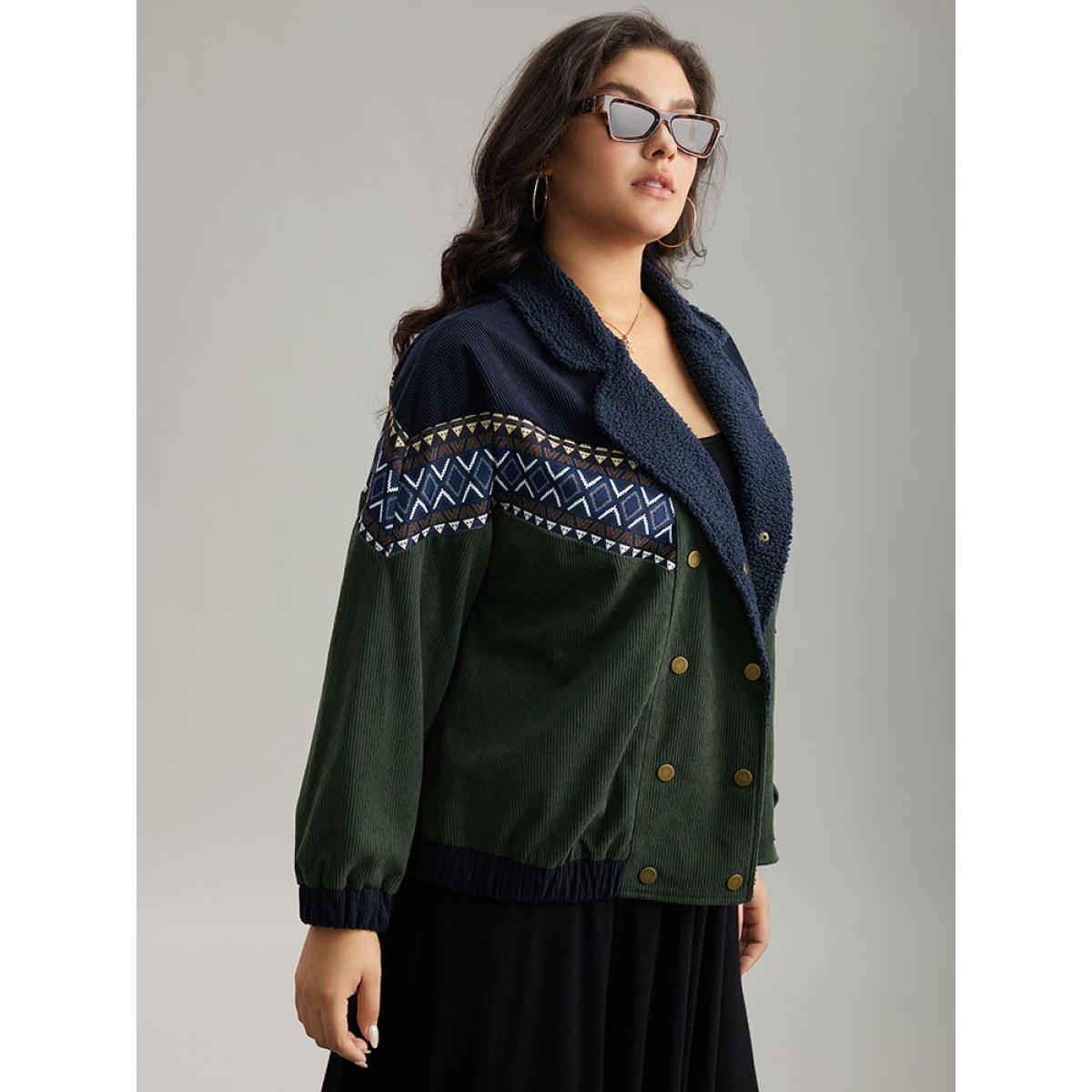 Plus Size Lapel Collar Geometric Patchwork Jacket Women ArmyGreen Elastic cuffs Dailywear Jackets BloomChic 12/L Product Image