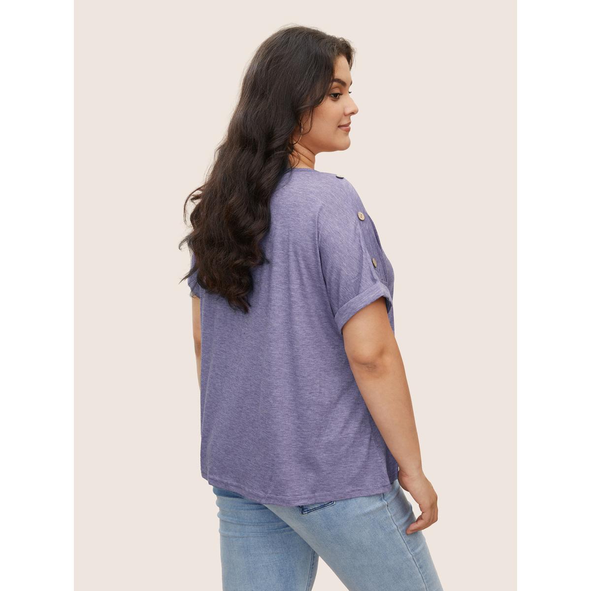 Plus Size Plain Button Detail Batwing Sleeve T-shirt Mauve Women Casual Plain V-neck Everyday T-shirts BloomChic 14-16/1X Product Image