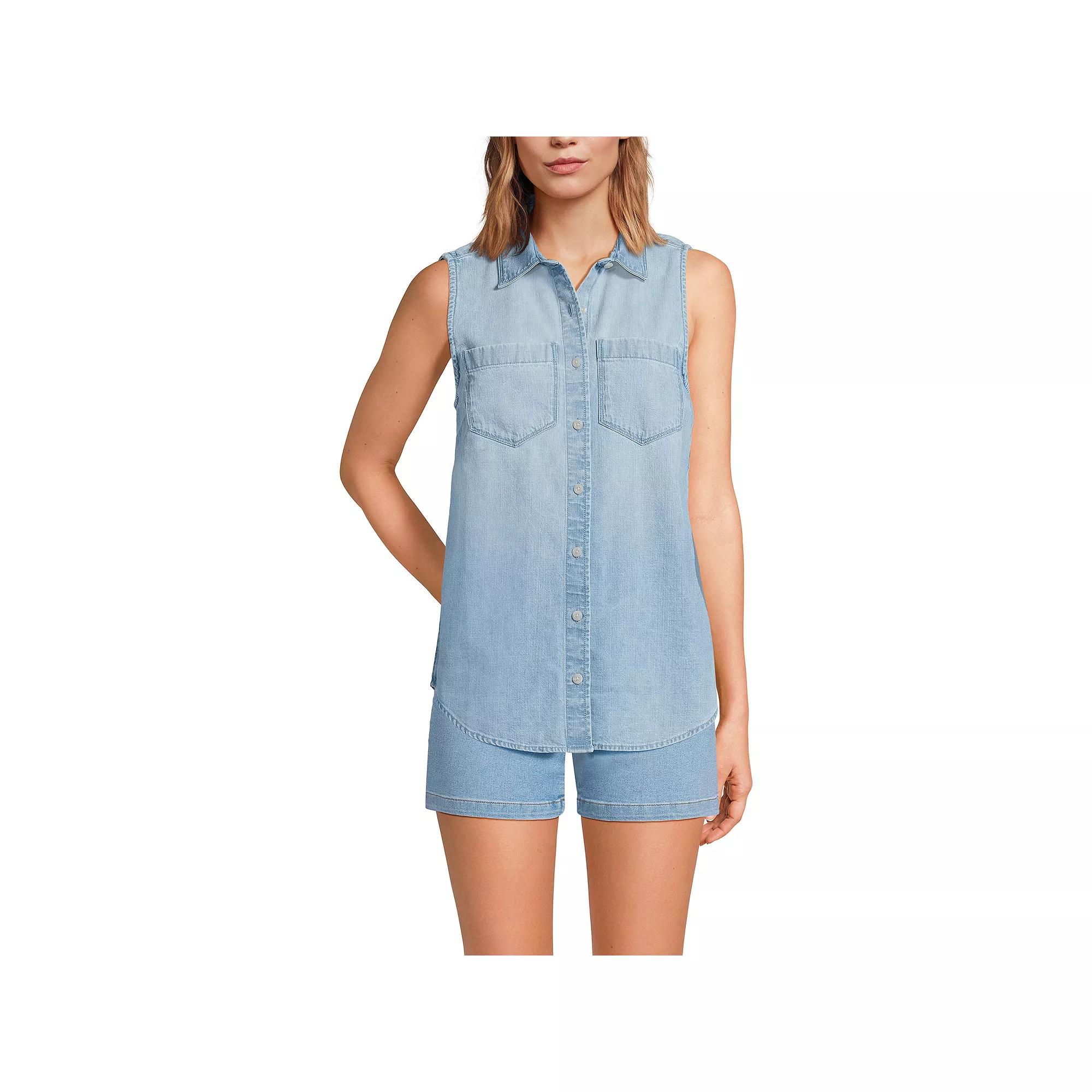 Women's Lands' End Sleeveless Denim Button Down Shirt, Size: XL, Light Wash Blue Product Image