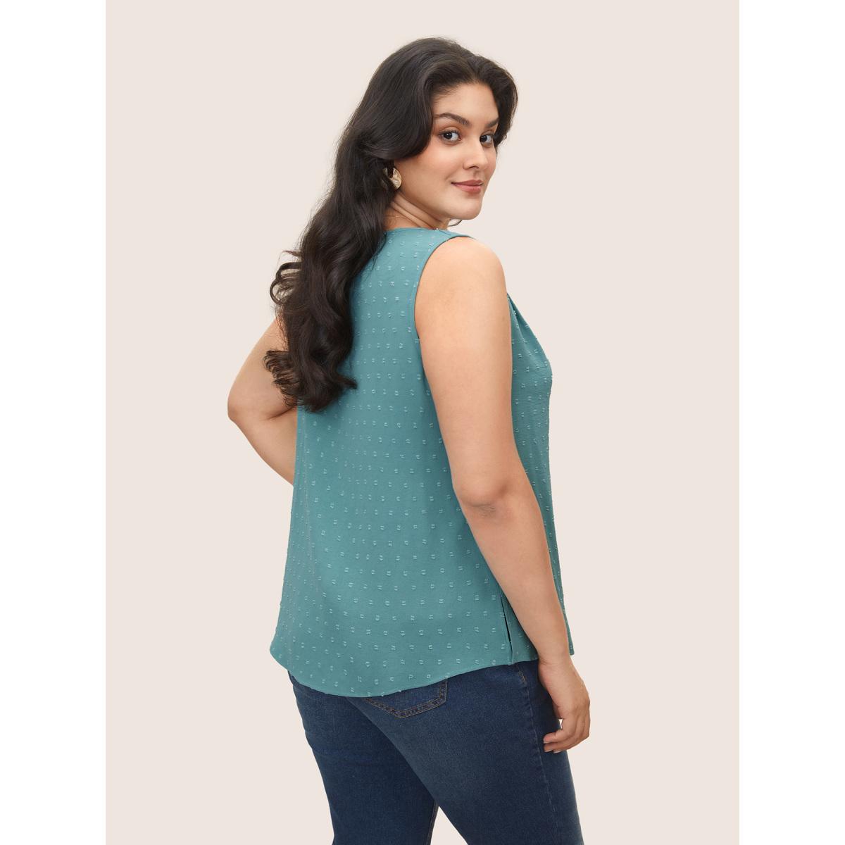 Plus Size Jacquard Pleated Button Detail Tank Top Women Teal Casual Texture V-neck Everyday Tank Tops Camis BloomChic 10/M Product Image