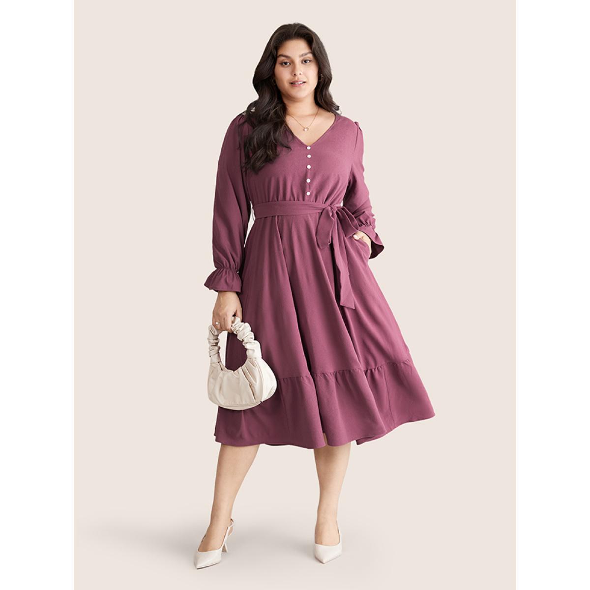 Plus Size Button Detail Belted Ruffle Layered Hem Dress Mauve Women Work From Home Plain V-neck Long Sleeve Curvy Midi Dress BloomChic 28/5X Product Image