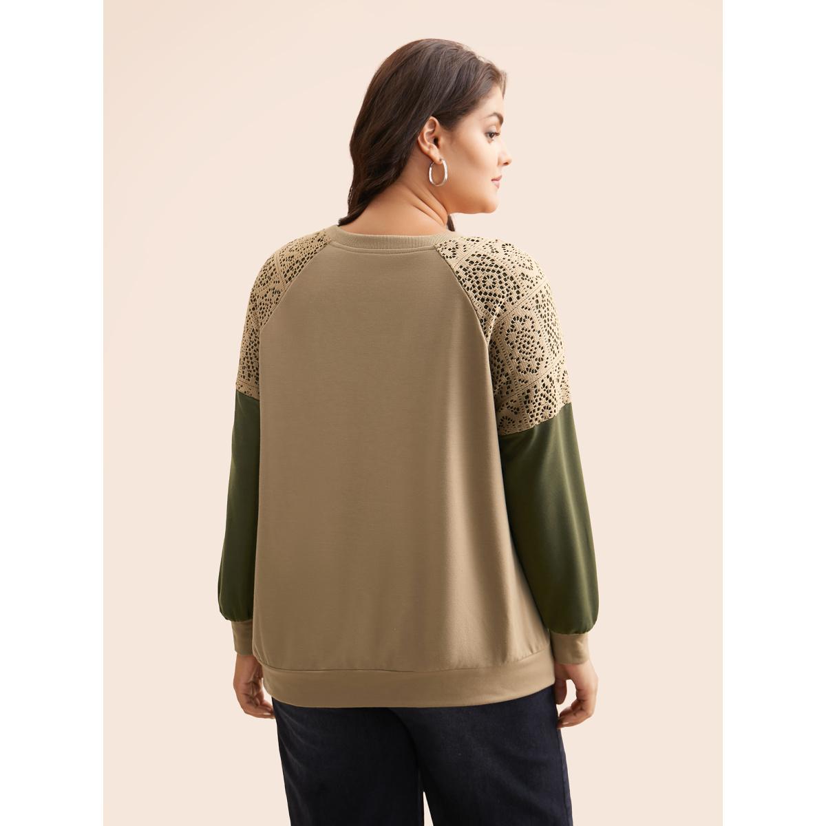 Plus Size Lace Patchwork Contrast Raglan Sleeve Sweatshirt Women Tan Casual Contrast Round Neck Everyday Sweatshirts BloomChic 12/L Product Image