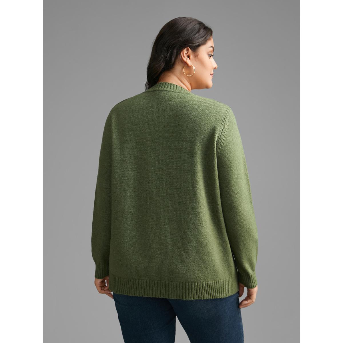 Plus Size Plain Round Neck Patched Pocket Pullover Moss Women Casual Loose Long Sleeve Round Neck Everyday Pullovers BloomChic 10/M Product Image