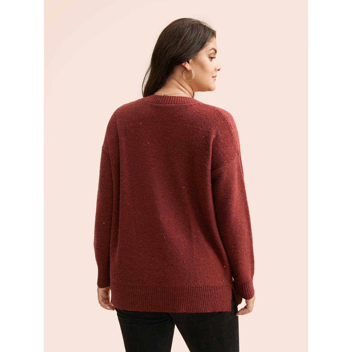 Plus Size V Neck Glitter Dropped Shoulder Split Hem Pullover Deepred Women Casual Loose Long Sleeve V-neck Everyday Pullovers BloomChic 14-16/1X Product Image