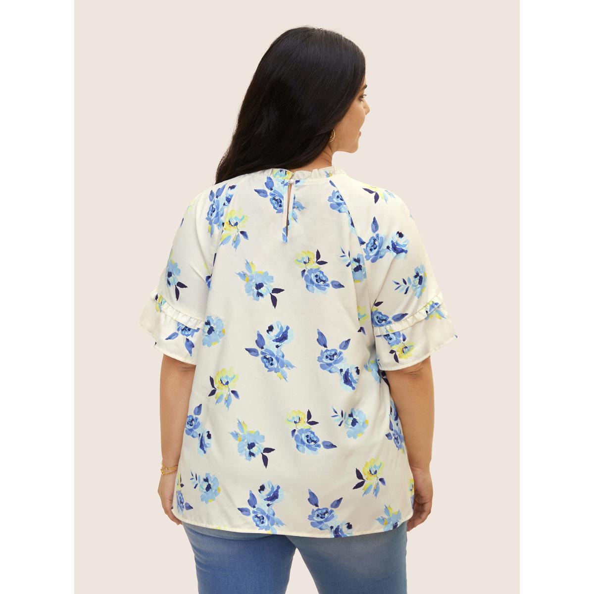 Plus Size Ivory Lace Collar Boho Print Ruffle Sleeve Blouse Women Elegant Short sleeve Lace collar Everyday Blouses BloomChic 28/5X Product Image