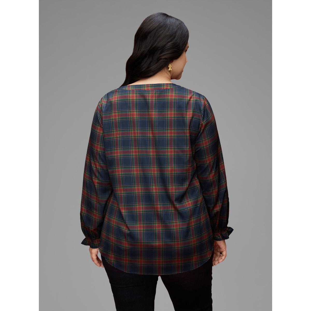 Plus Size Multicolor Plaid Pattern Notched Collar Slim-Fit Blouse Women Casual Long Sleeve Notched collar Everyday Blouses BloomChic 10/M Product Image