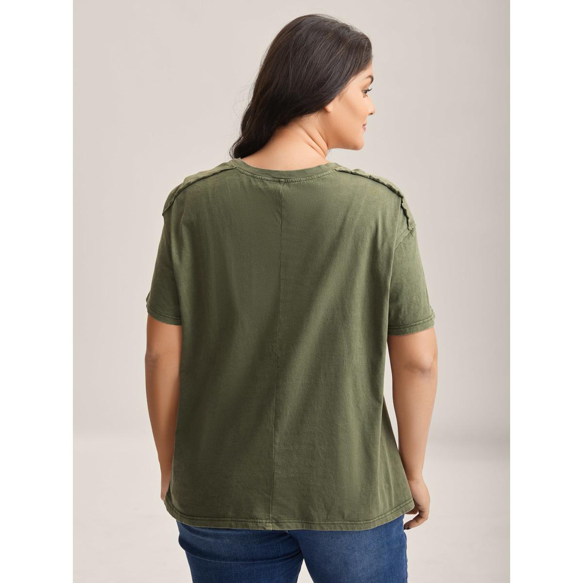 Plus Size Cotton Vintage Frayed Hem Crew Neck T-Shirt ArmyGreen Women Leisure Tucked seam Round Neck Casual T-shirts BloomChic 18-20/2X Product Image