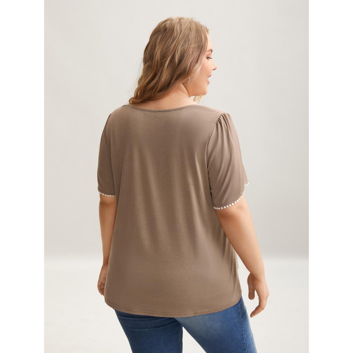 Plus Size Petal Sleeve Lace Button Solid T-Shirt LightBrown Women Casual Petal edge V-neck Everyday T-shirts BloomChic 26/4X Product Image