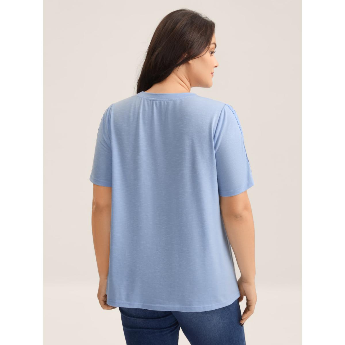 Plus Size Embroidered Lace Spliced Solid T-Shirt LightBlue Women Woven ribbon&lace trim Round Neck Everyday-Casual T-shirts BloomChic 30/6X Product Image