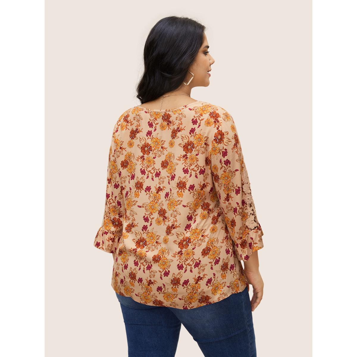 Plus Size Wheat Boho Print Guipure Lace Ruffles Blouse Women Boho Elbow-length sleeve V-neck Vacation Blouses BloomChic 22-24/3X Product Image