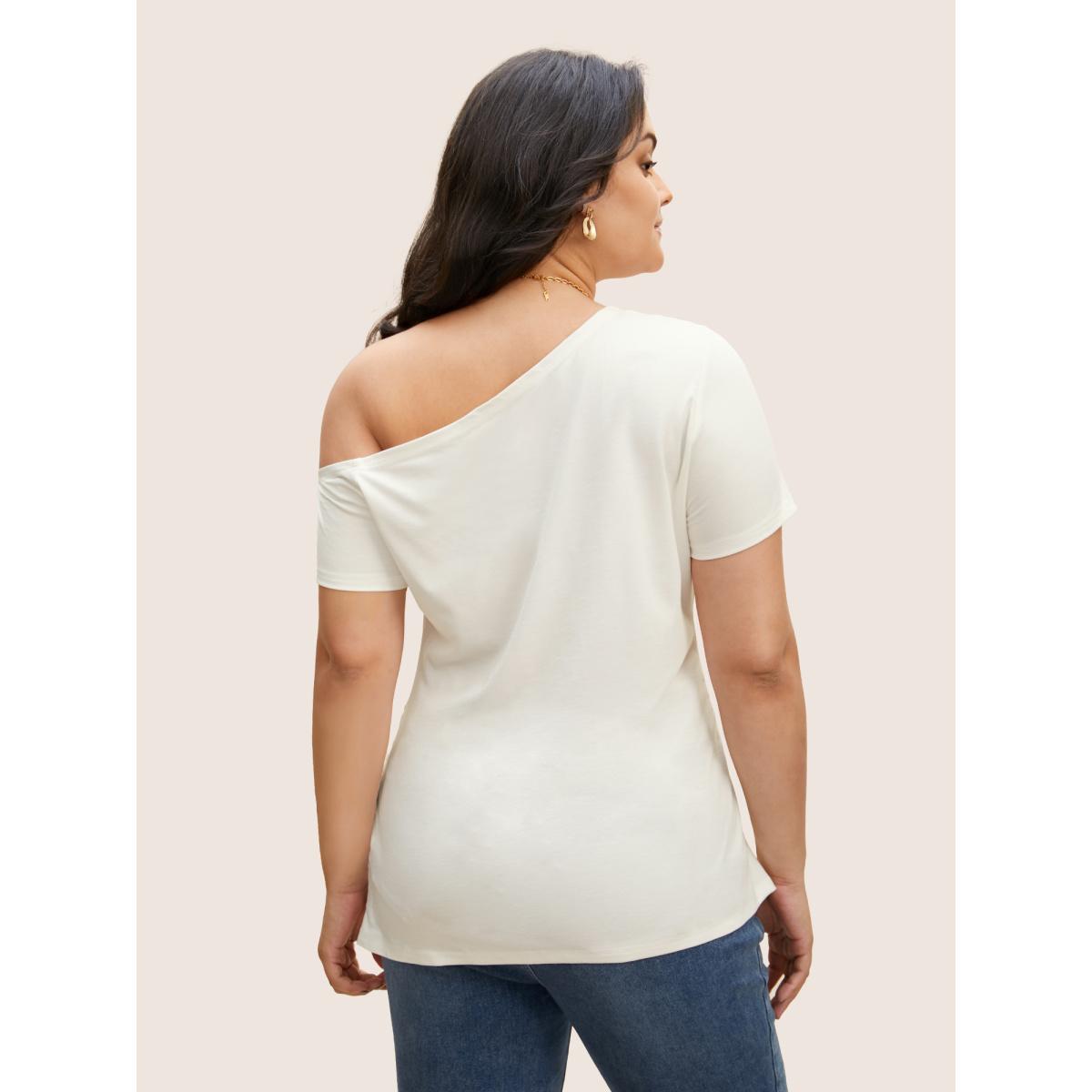Plus Size One Shoulder Solid Gathered Knit T-shirt WhiteSmoke Women Elegant Gathered Asymmetrical Neck Bodycon Everyday T-shirts BloomChic 22-24/3X Product Image