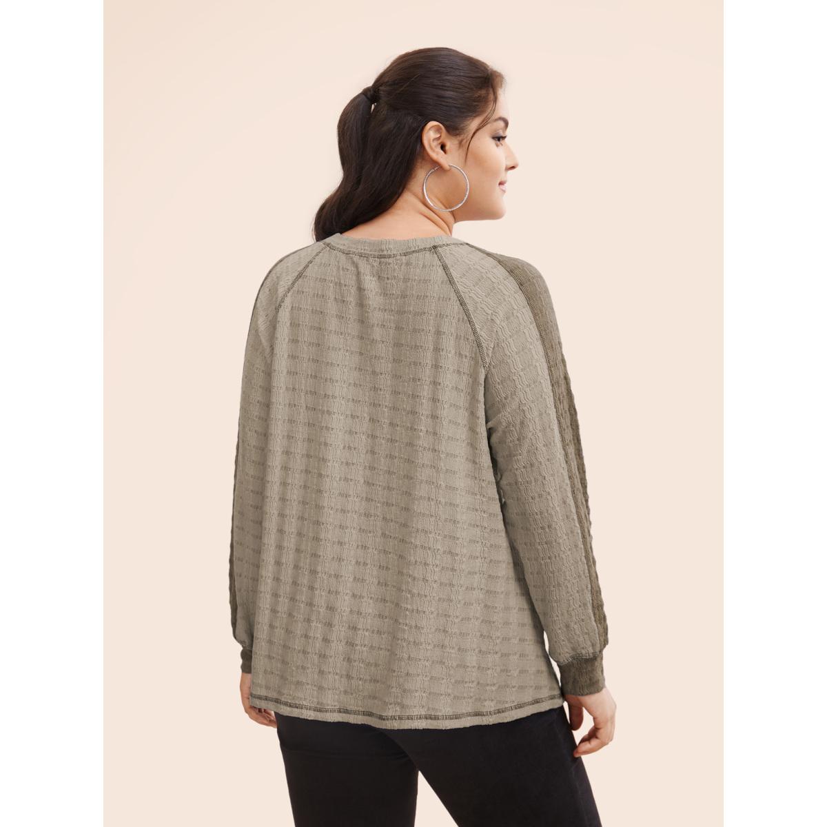 Plus Size Contrast Patchwork Texture Raglan Sleeve T-shirt Multicolor Women Casual Texture Round Neck Everyday T-shirts BloomChic 14-16/1X Product Image