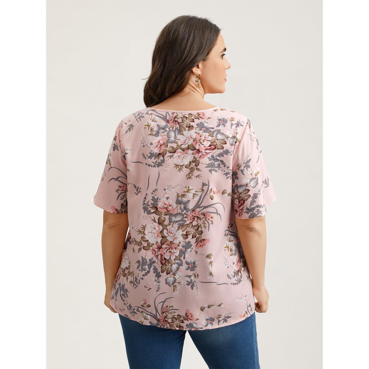 Plus Size Nudepink Spring Pattern Neck Cut-Out Pleated Shirt Women Timeless Short sleeve Notched collar Elegant Blouses BloomChic 22-24/3X Product Image