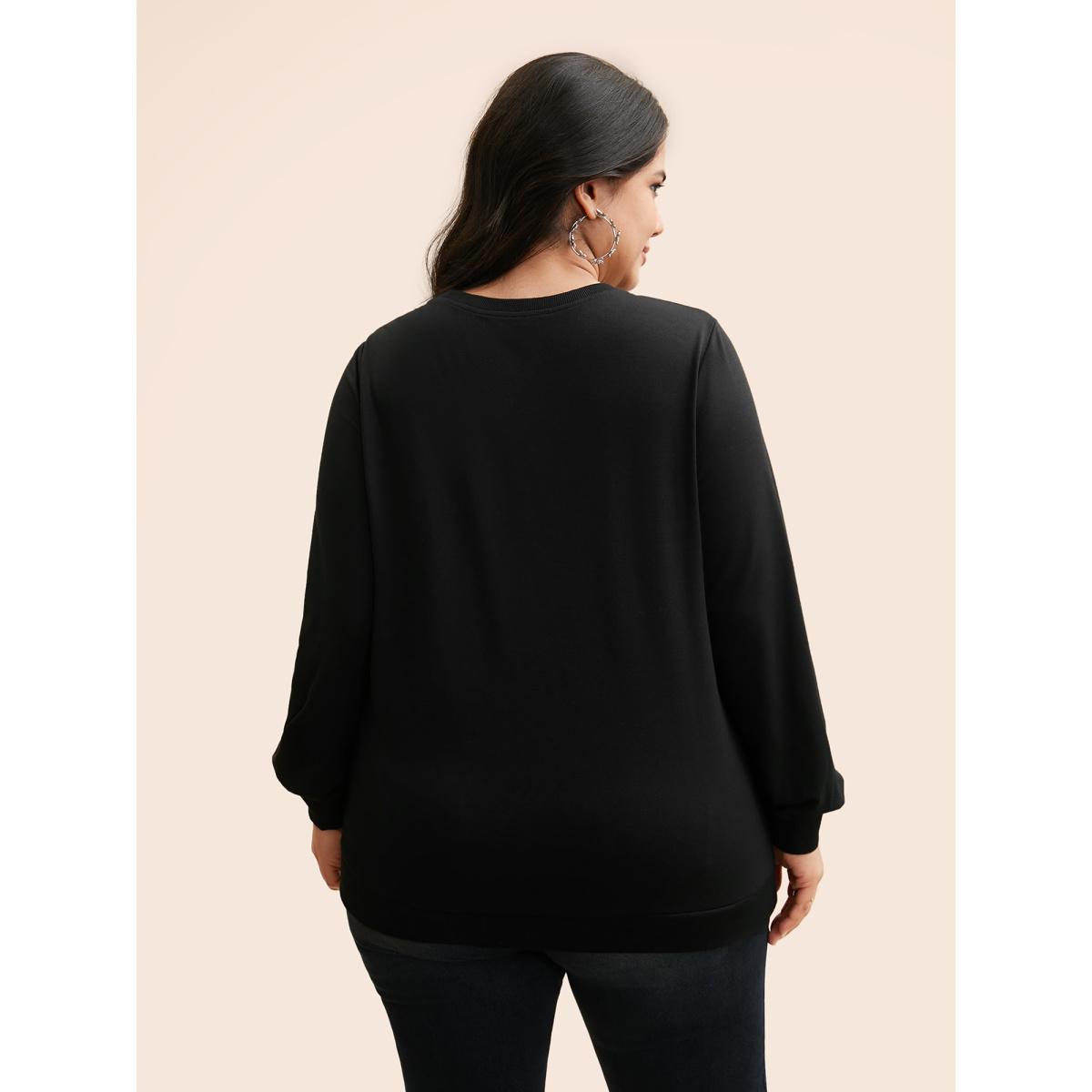 Plus Size Star Rhinestone Slightly Stretchy Sweatshirt Women Black Casual Rhinestone detailing Round Neck Everyday Sweatshirts BloomChic 12/L Product Image