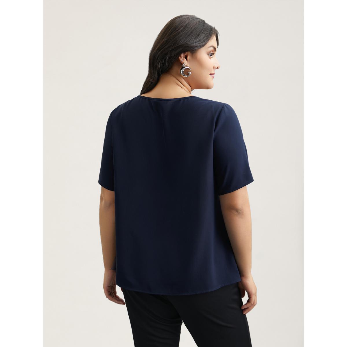 Plus Size Indigo Neck Cut-Out Color Contrast Shirt Women At the Office Short sleeve Round Neck Work Blouses BloomChic 26/4X Product Image