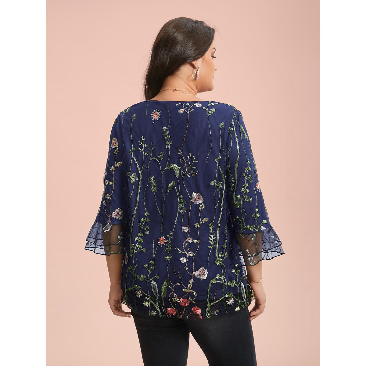 Plus Size Indigo Embroidered Mesh Lotus Leaf Sleeve Blouse Women Romantic Elbow-length sleeve V-neck Elegant Blouses BloomChic 22-24/3X Product Image