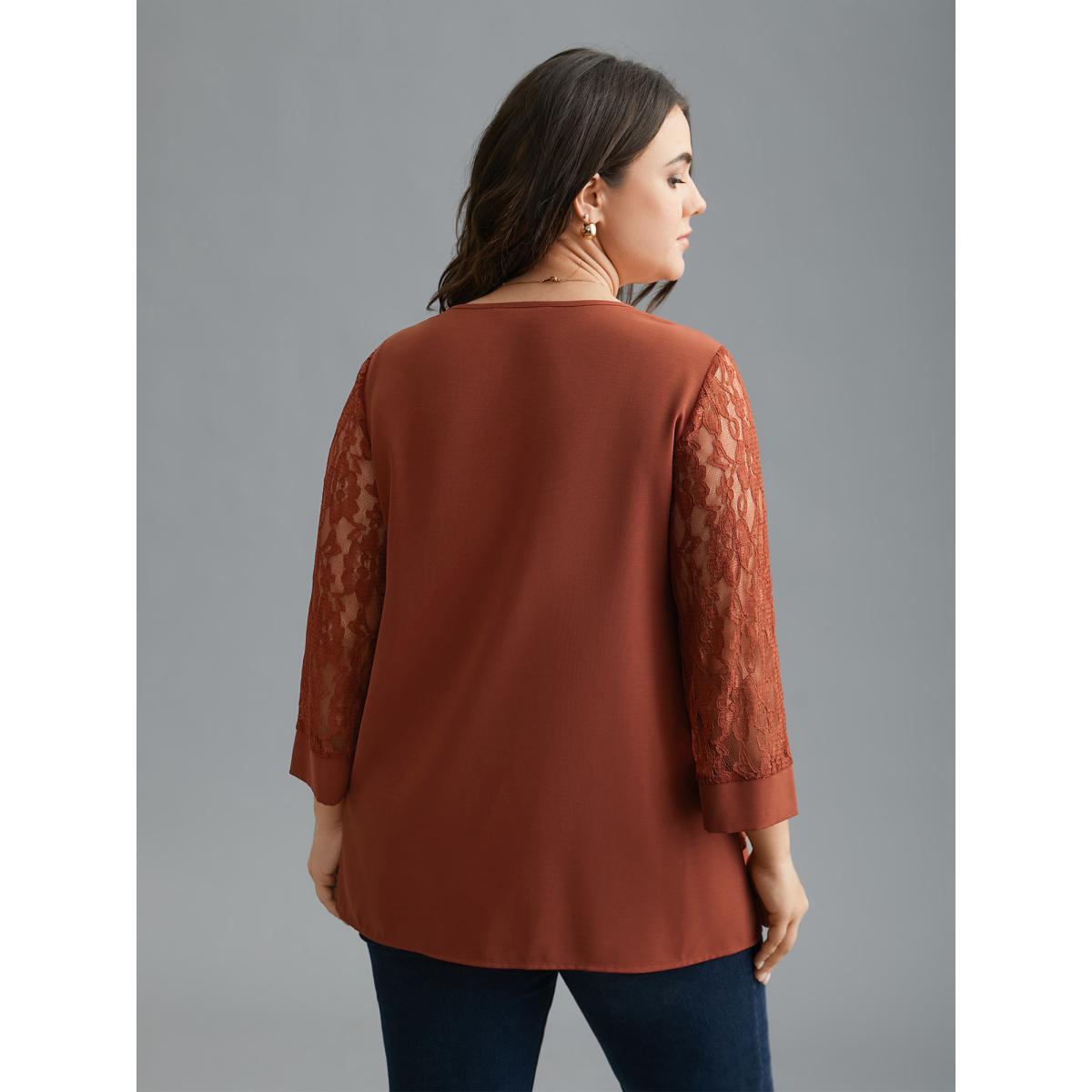 Plus Size Rust Sheer Lace Sleeve Open-Front Design Blouse Women Elegant Elbow-length sleeve Round Neck Everyday Blouses BloomChic 30/6X Product Image