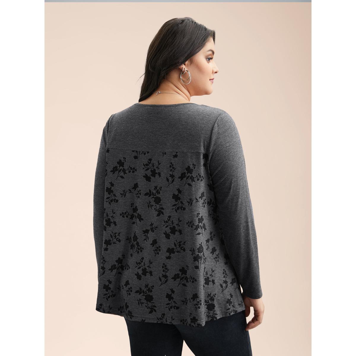 Plus Size Floral Spliced Heart Neckline Gathered T-Shirt DimGray Women Leisure Gathered Heart neckline Casual T-shirts BloomChic 18-20/2X Product Image