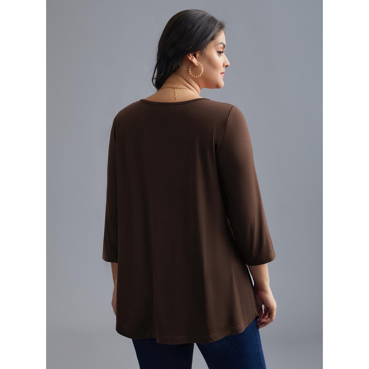 Plus Size Asymmetrical Hem Overlap Long T-shirt DarkBrown Women Leisure Tucked seam Round Neck Loose Casual T-shirts BloomChic 28/5X Product Image