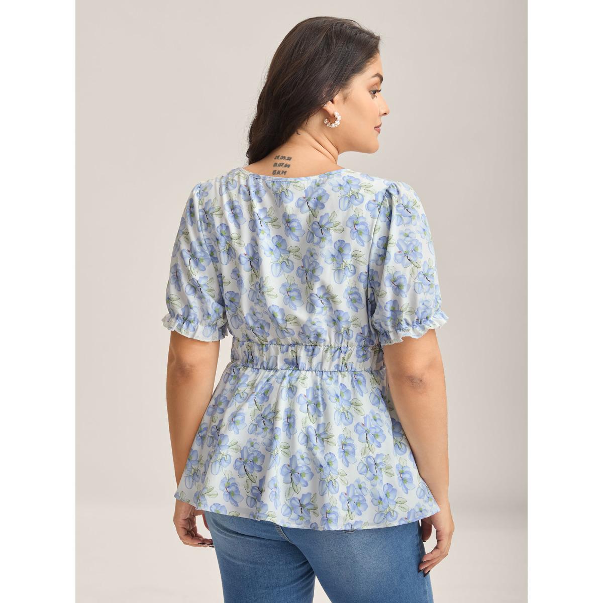 Plus Size Skyblue Breezy Floral Print Drawstring Babydoll Top Women Short sleeve V-neck Everyday-Elegant Blouses BloomChic 12/L Product Image