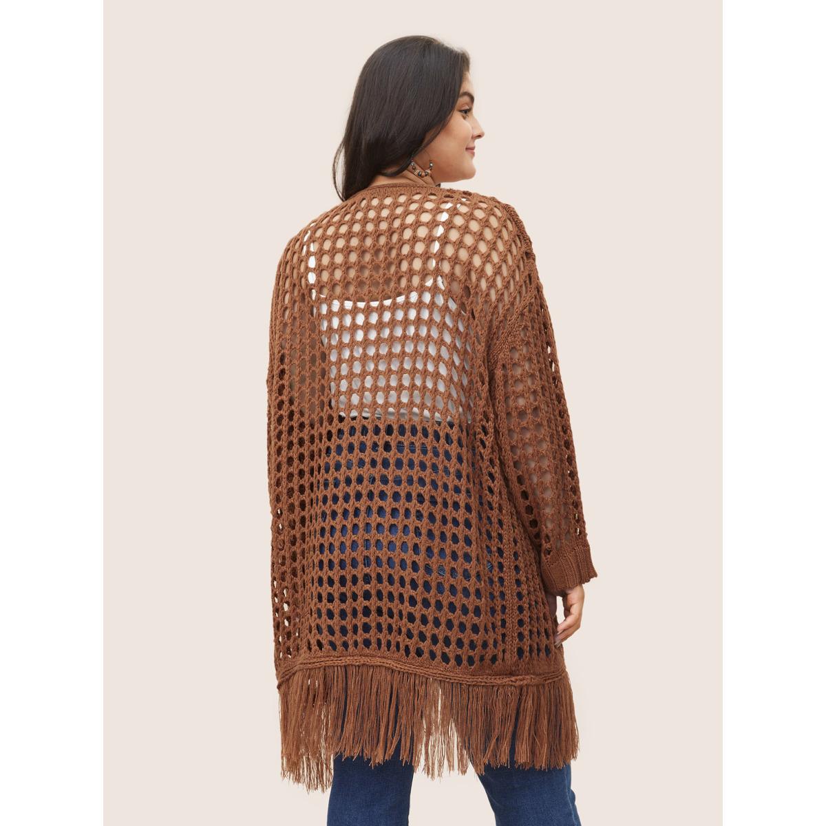 Plus Size Solid Cut Out Fringe Hem Swim Cover Up Women's Swimwear Chocolate Beach Tassels Curve Swim Cover Ups BloomChic 18-20/2X Product Image