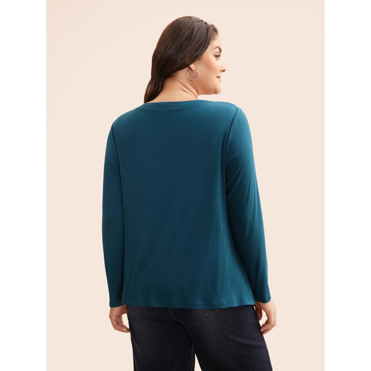 Plus Size Solid Notched Collar Rib Knit T-shirt Aegean Women Casual Texture Notched collar Everyday T-shirts BloomChic 14-16/1X Product Image