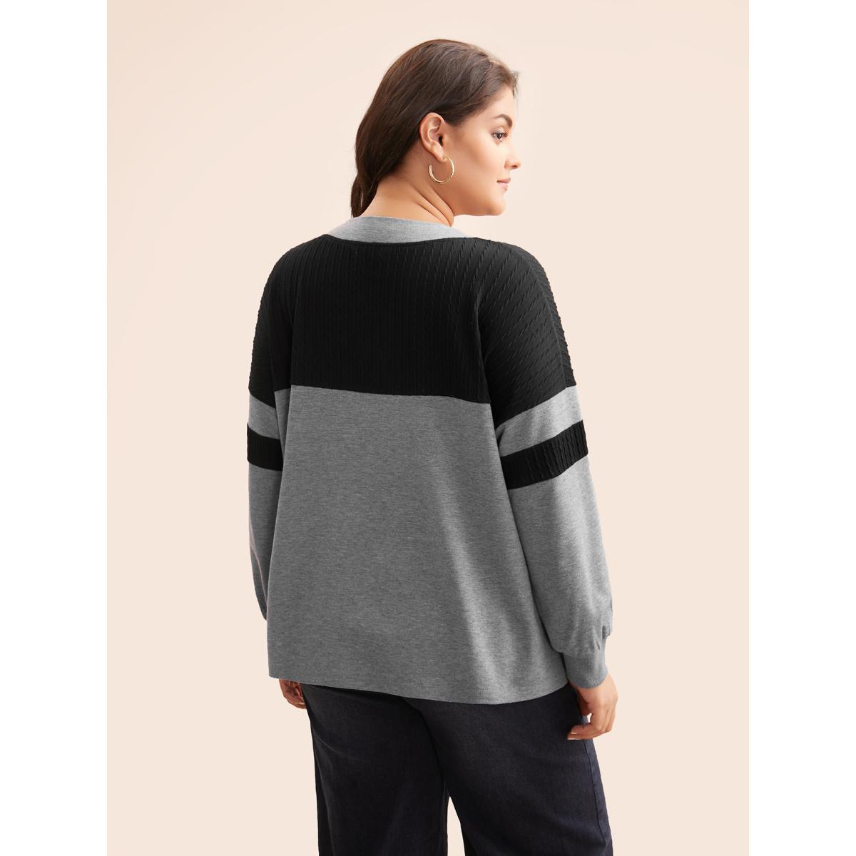 Plus Size Texture Patchwork Contrast V Neck Sweatshirt Women Black Casual Texture Loose V-neck Everyday Sweatshirts BloomChic 26/4X Product Image