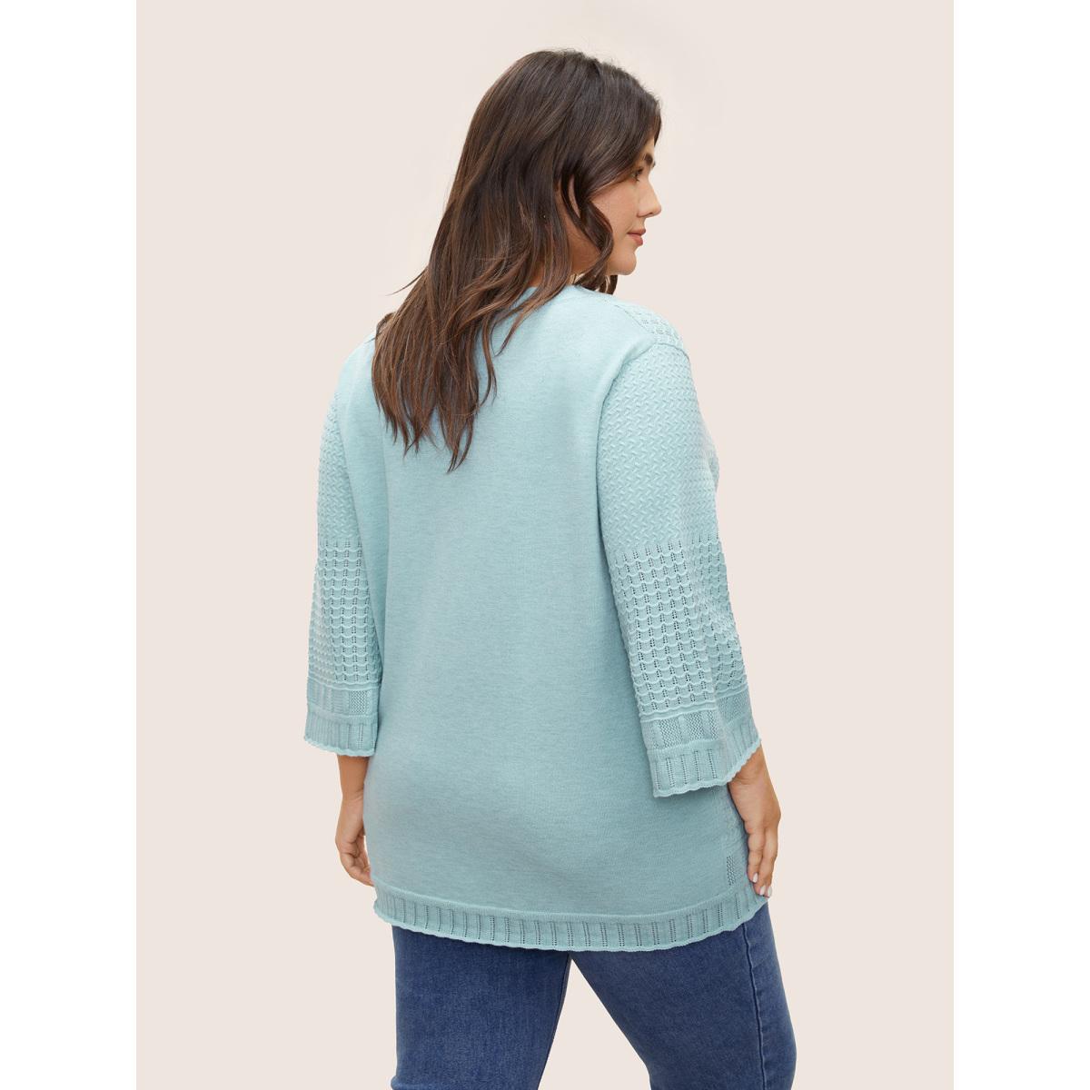 Plus Size Jacquard Hollow Out Crew Neck Bell Sleeve Pullover LightBlue Women Casual Elbow-length sleeve Round Neck Everyday Pullovers BloomChic 14-16/1X Product Image