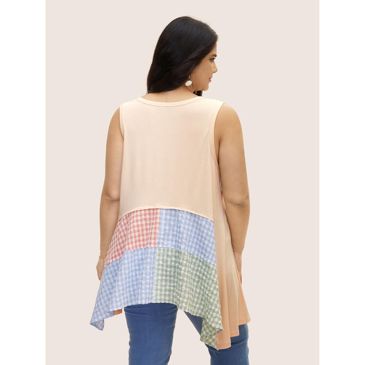 Plus Size Notched Collar Gingham Contrast Patchwork Tank Top Women Apricot Resort Contrast Notched collar Vacation Tank Tops Camis BloomChic 28/5X Product Image