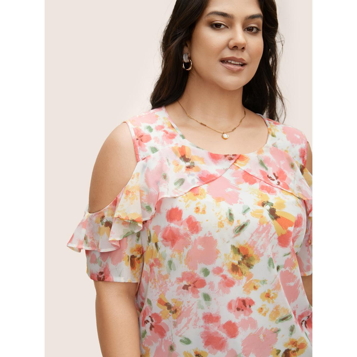 Plus Size Blush Watercolor Floral Cold Shoulder Ruffles Blouse Women Elegant Short sleeve Round Neck Everyday Blouses BloomChic 30/6X Product Image