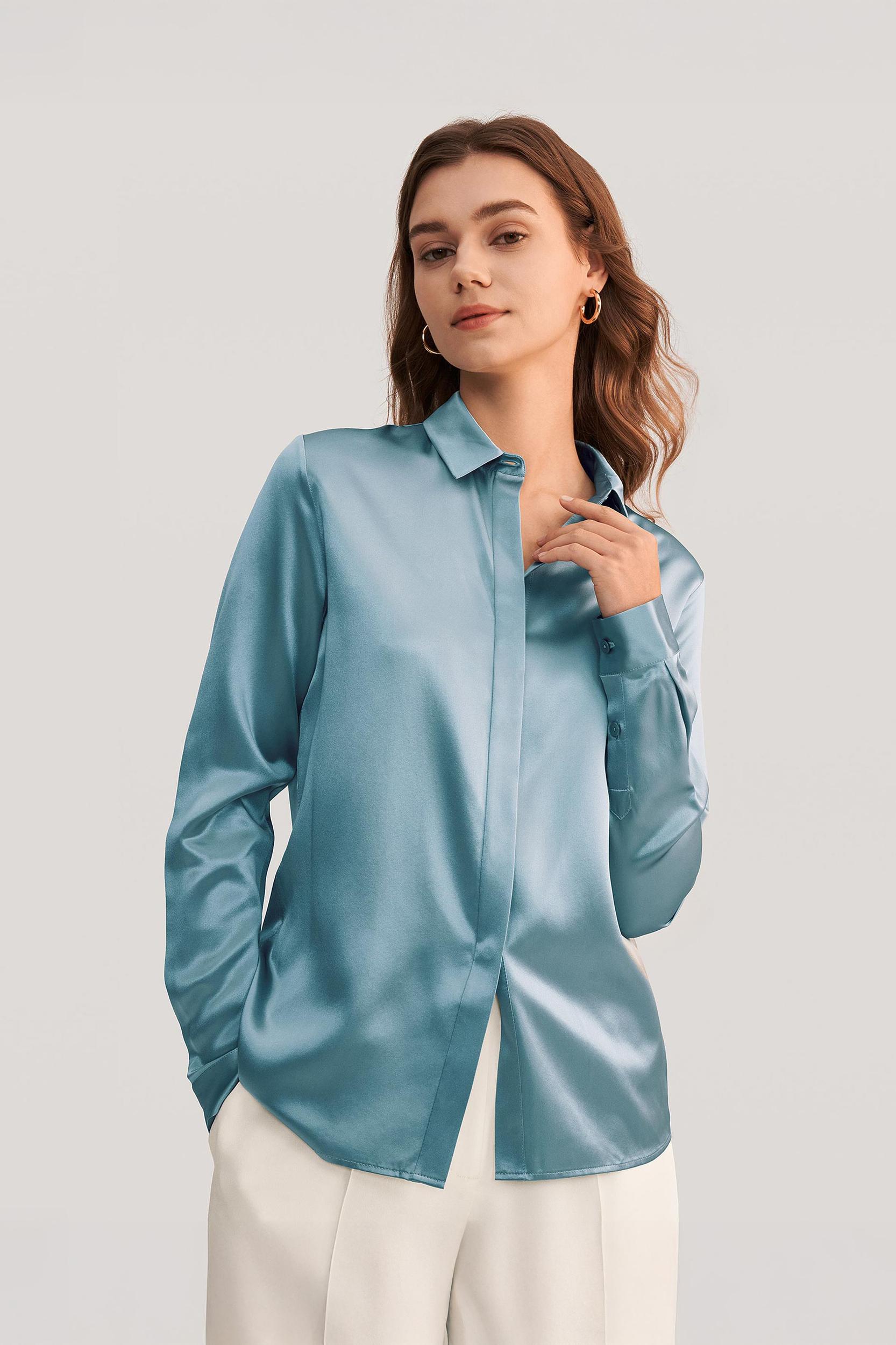 LILYSILK Silk Shirt Women - Dark Gray Mulberry Silk - Non-Toxic Dyes Concealed Mother-Of-Pearl Buttons Blouse Petite M Product Image