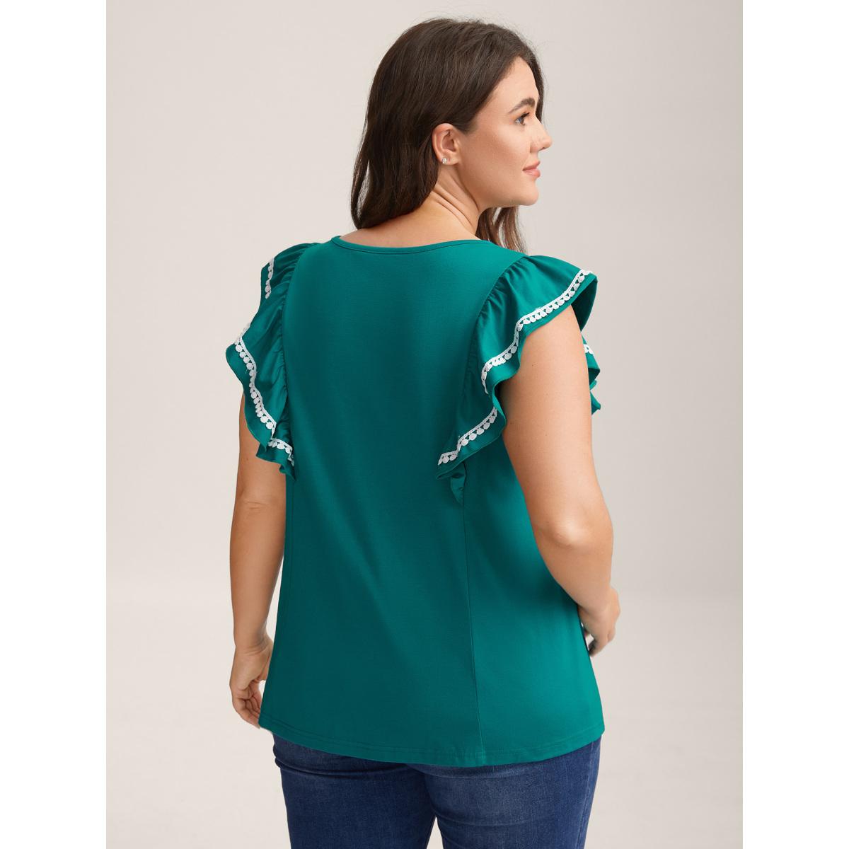 Plus Size Color Contrast Lace Flutter Sleeve Sleeveless Top Women Teal Woven ribbon&lace trim Round Neck Everyday-Casual Tank Tops Camis BloomChic 12/L Product Image