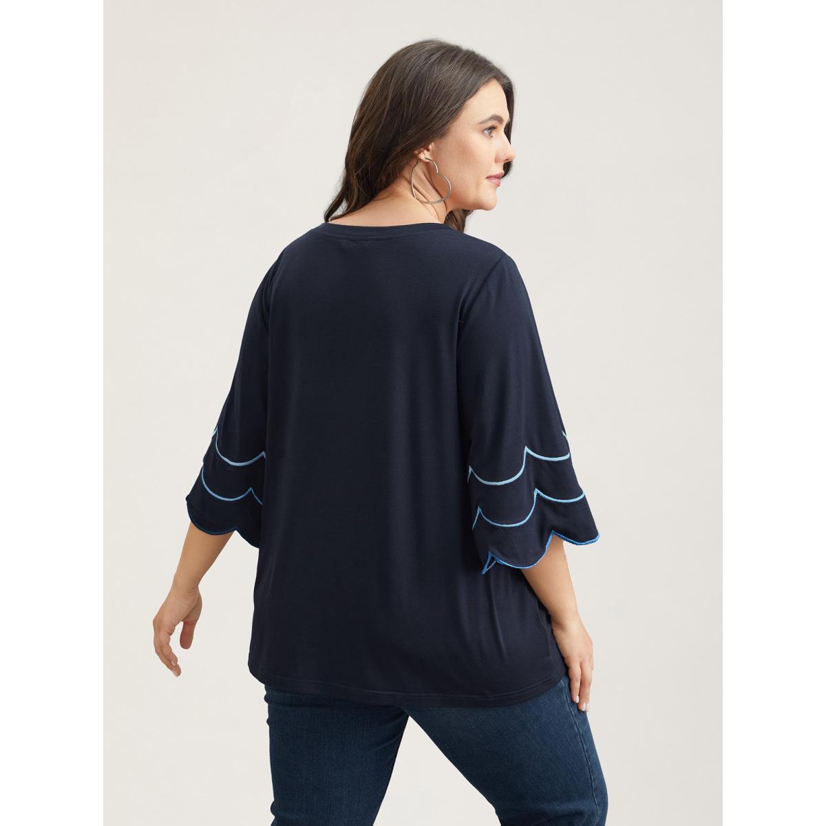 Plus Size Embroidered Trumpet Sleeve V-Neck T-Shirt Indigo Women Casual Embroidered V-neck Everyday T-shirts BloomChic 22-24/3X Product Image