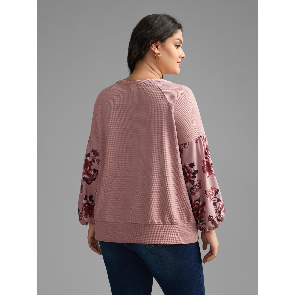 Plus Size Round Neck Floral Patchwork Woven Ribbon Sweatshirt Women Multicolor Elegant Woven ribbon&lace trim Round Neck Everyday Sweatshirts BloomChic 14-16/1X Product Image