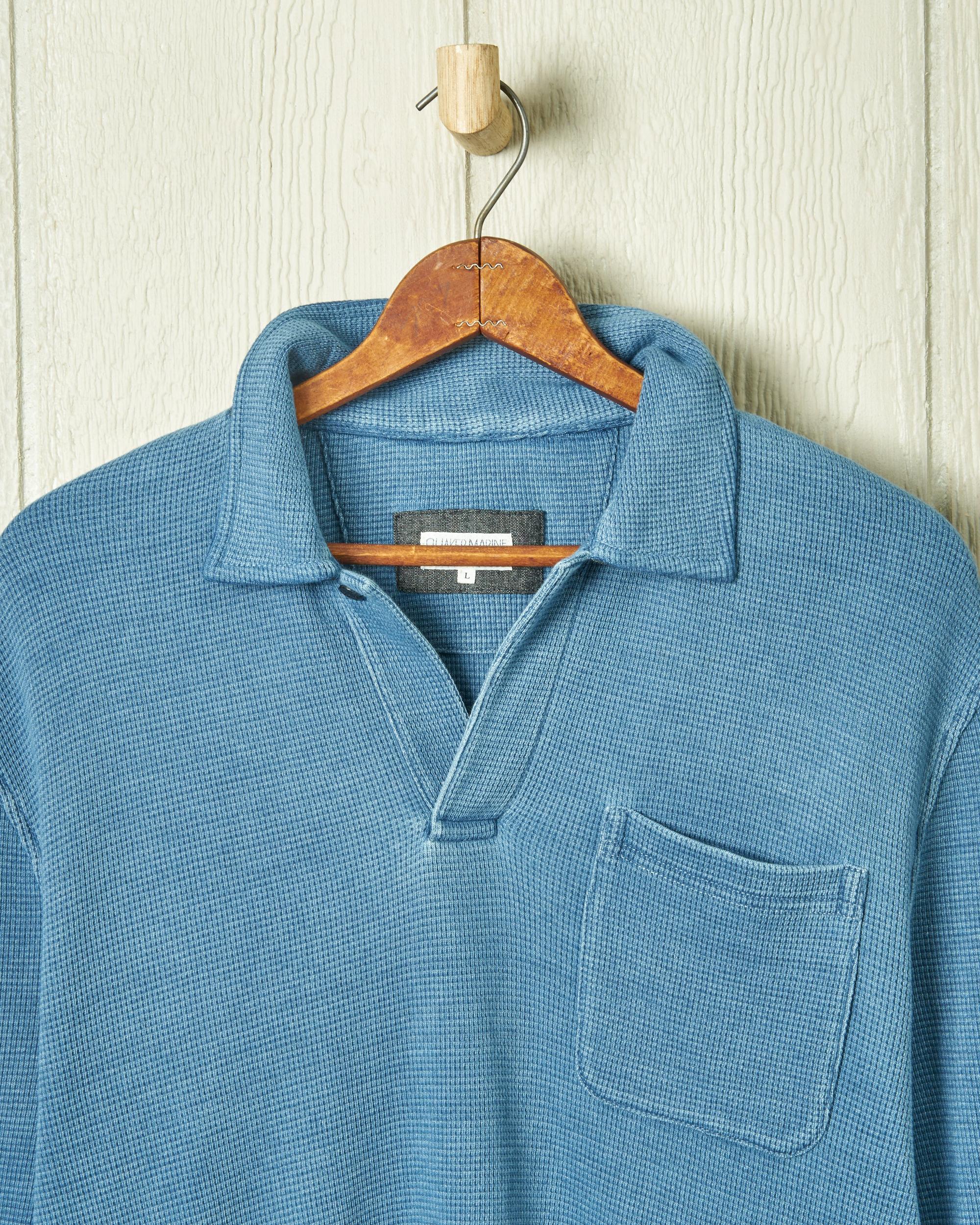 Long Sleeve Indigo Polo in Solid Waffle Knit Product Image