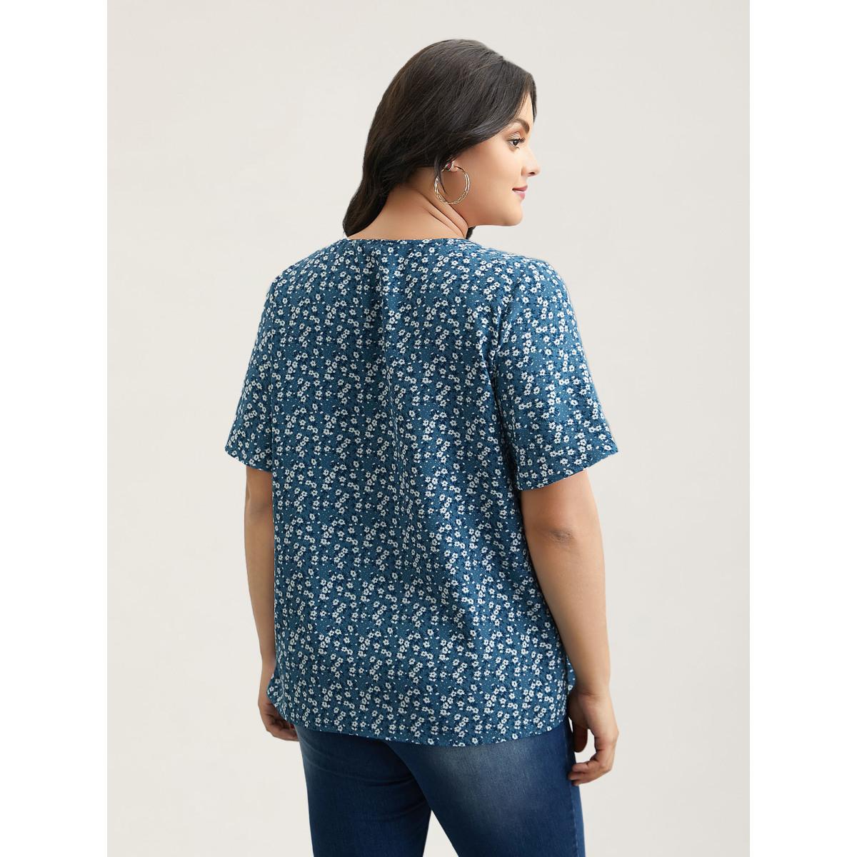 Plus Size Aegean Floral Ruffle Sleeve Gathered Round Neck Blouse Women Leisure Short sleeve Round Neck Casual Blouses BloomChic 10/M Product Image