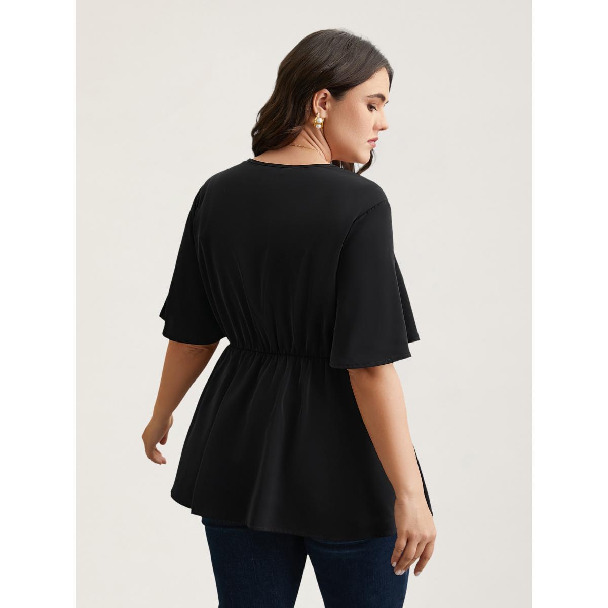 Plus Size Black V-Neck Stretchy-Waist Button Flared Blouse Women Elegant Short sleeve Deep V-neck Everyday Blouses BloomChic 22-24/3X Product Image
