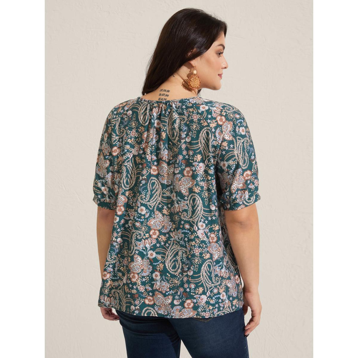 Plus Size Multicolor Paisley Print Button Placket Blouse Women Half Sleeve Round Neck Vacation Blouses BloomChic 30/6X Product Image