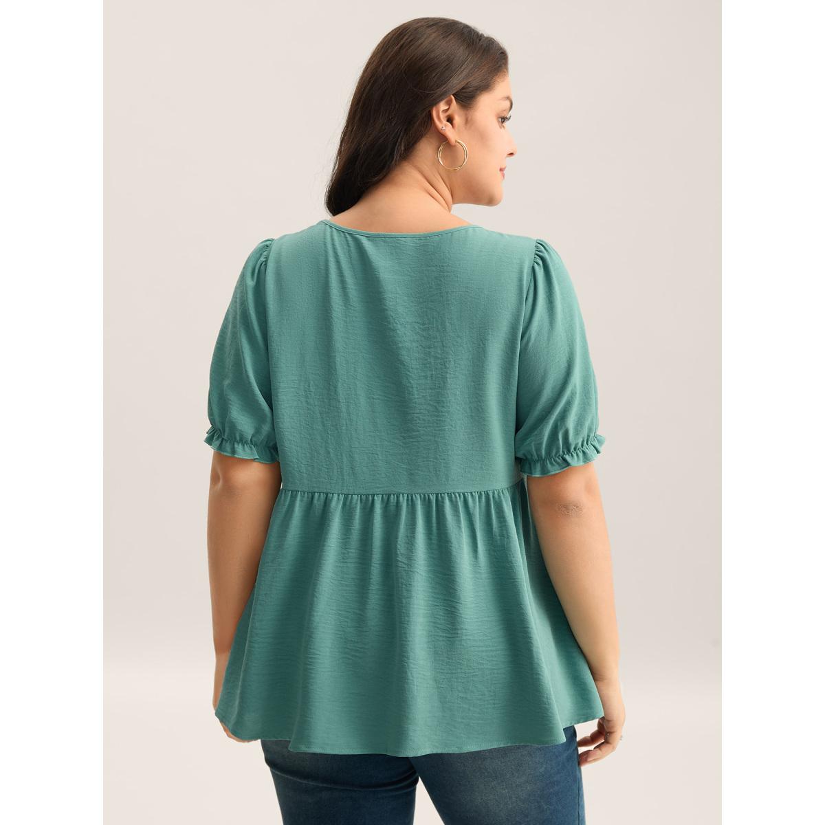 Plus Size Teal Pleated Bodice Puff Sleeve Plain Top Women Short sleeve Round Neck Everyday-Casual Blouses BloomChic 26/4X Product Image