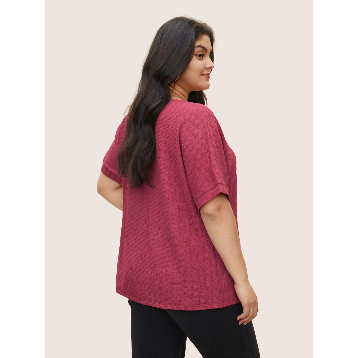 Plus Size Plain Textured Jacquard Dolman Sleeve T-shirt Pink Women Elegant Non Plain Round Neck Everyday T-shirts BloomChic 18-20/2X Product Image