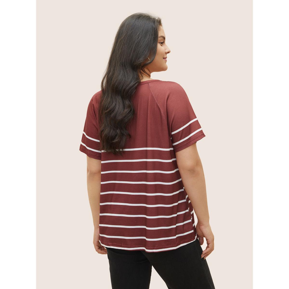 Plus Size Striped Print Raglan Sleeve Button Up T-shirt Burgundy Women Casual Contrast Striped Round Neck Everyday T-shirts BloomChic 26/4X Product Image